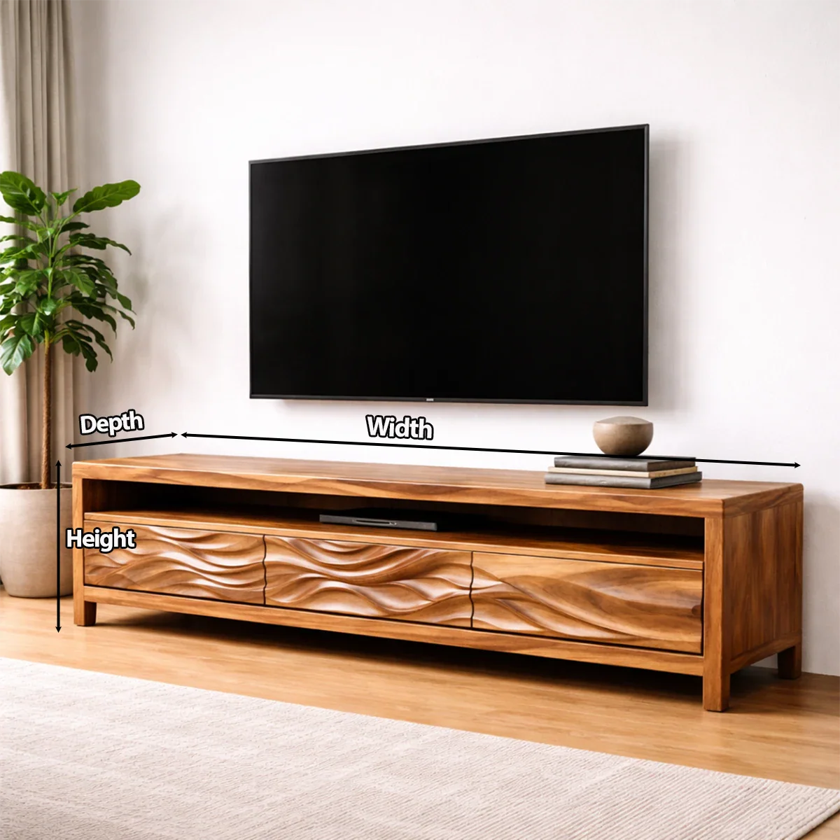 Handcrafted Solid Wood TV Stand with Sculpted Wave Drawers and Open Media Shelf - Rustirawood