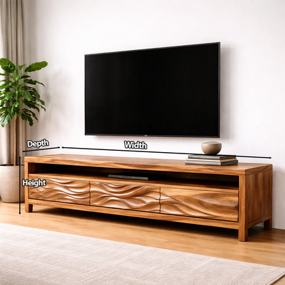 Handcrafted Solid Wood TV Stand with Sculpted Wave Drawers and Open Media Shelf - Rustirawood