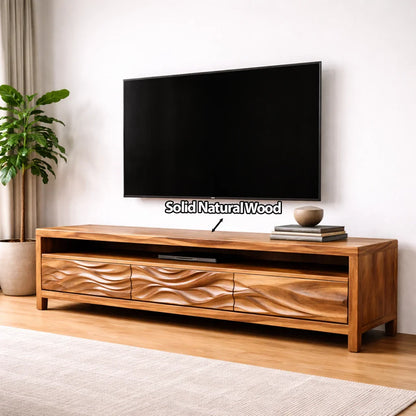 Handcrafted Solid Wood TV Stand with Sculpted Wave Drawers and Open Media Shelf - Rustirawood