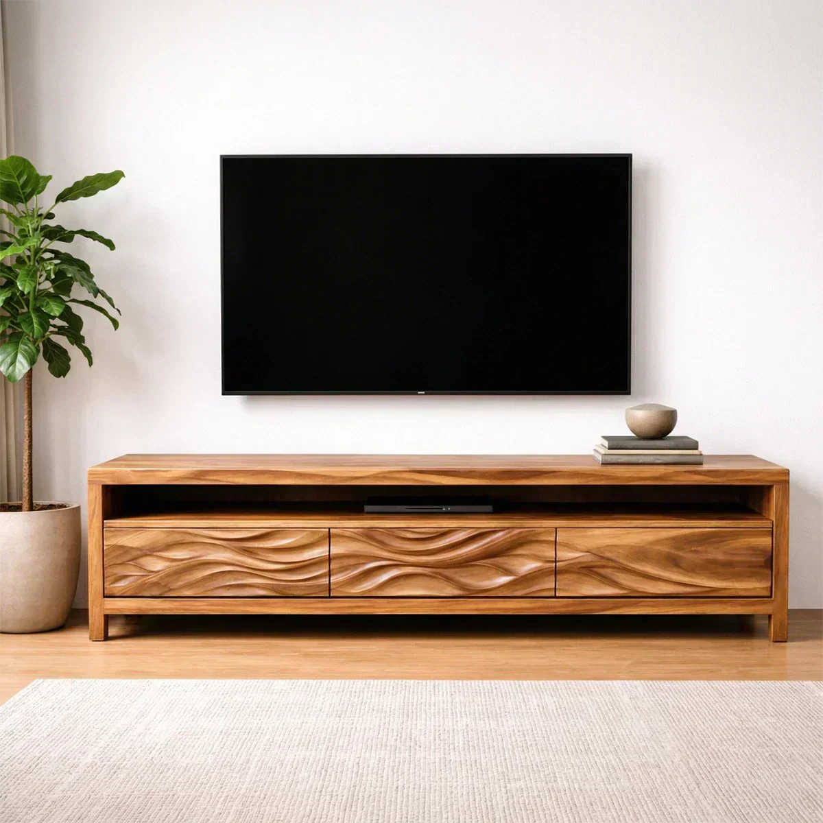 Handcrafted Solid Wood TV Stand with Sculpted Wave Drawers and Open Media Shelf - Woodenecho