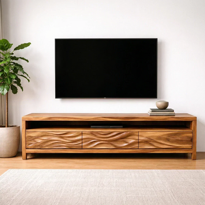 Handcrafted Solid Wood TV Stand with Sculpted Wave Drawers and Open Media Shelf - Woodenecho