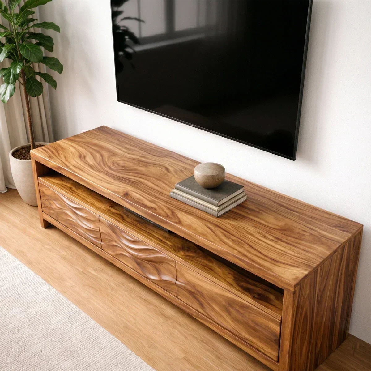 Handcrafted Solid Wood TV Stand with Sculpted Wave Drawers and Open Media Shelf - Woodenecho