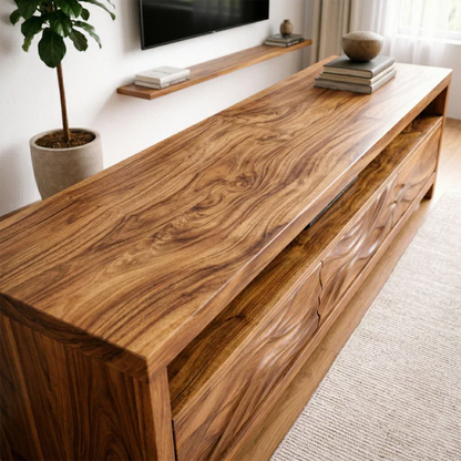 Handcrafted Solid Wood TV Stand with Sculpted Wave Drawers and Open Media Shelf - Woodenecho