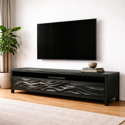 Handcrafted Solid Wood TV Stand with Sculpted Wave Drawers and Open Media Shelf - Woodenecho