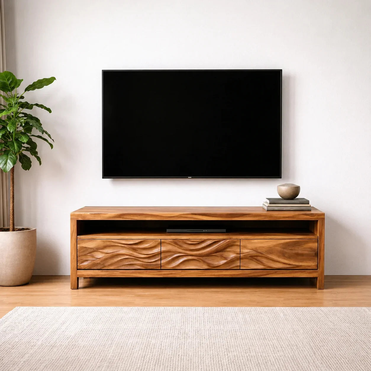 Handcrafted Solid Wood TV Stand with Sculpted Wave Drawers and Open Media Shelf - Woodenecho