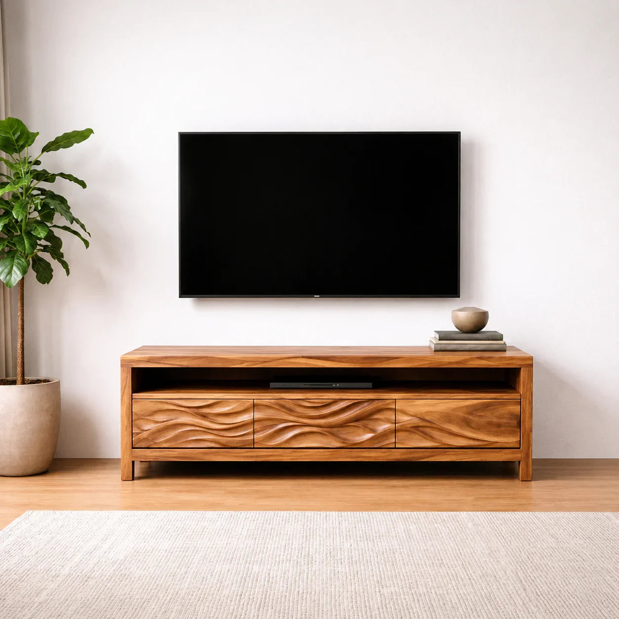 Handcrafted Solid Wood TV Stand with Sculpted Wave Drawers and Open Media Shelf - Woodenecho