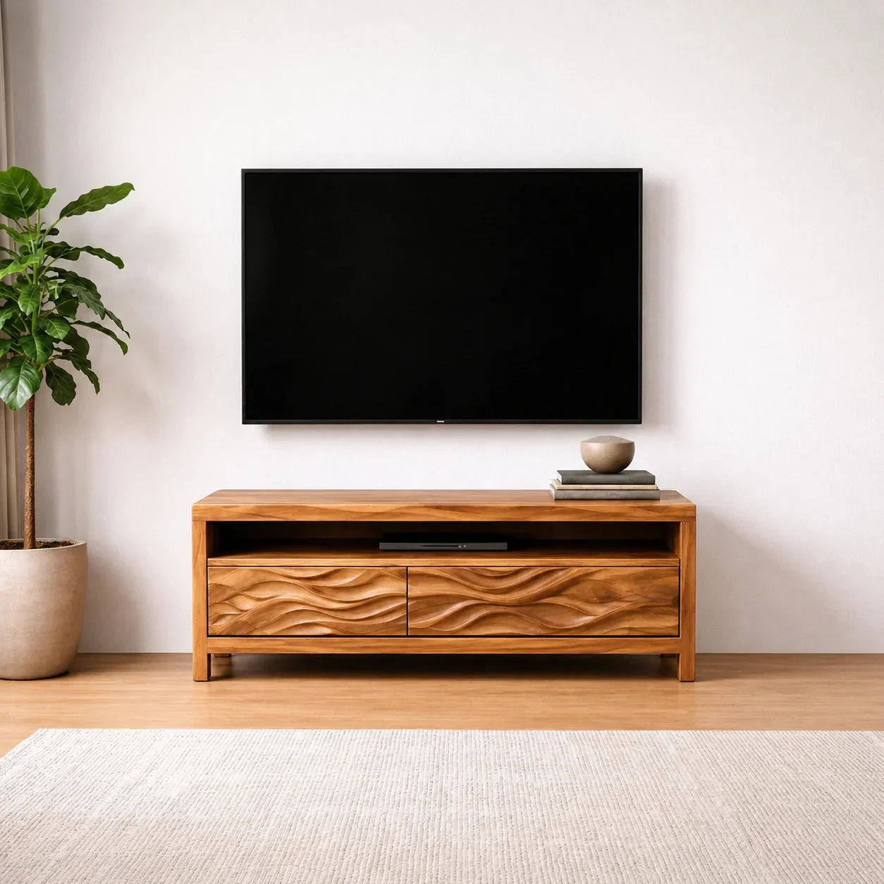 Handcrafted Solid Wood TV Stand with Sculpted Wave Drawers and Open Media Shelf - Woodenecho