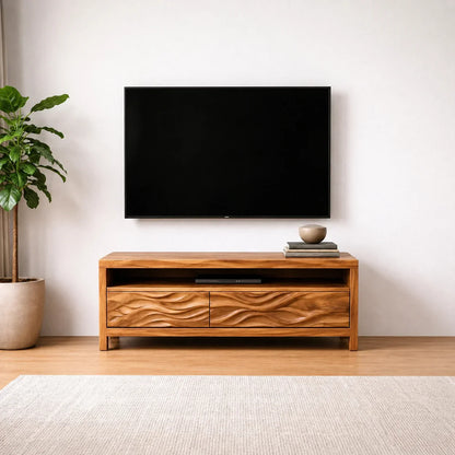 Handcrafted Solid Wood TV Stand with Sculpted Wave Drawers and Open Media Shelf - Woodenecho