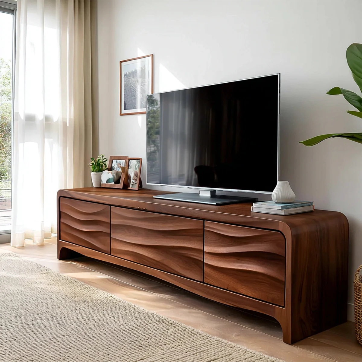Handcrafted Solid Wood TV Stand with Sculpted Wave Panels and Rounded Frame Design - Rustirawood