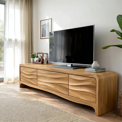 Handcrafted Solid Wood TV Stand with Sculpted Wave Panels and Rounded Frame Design - Rustirawood