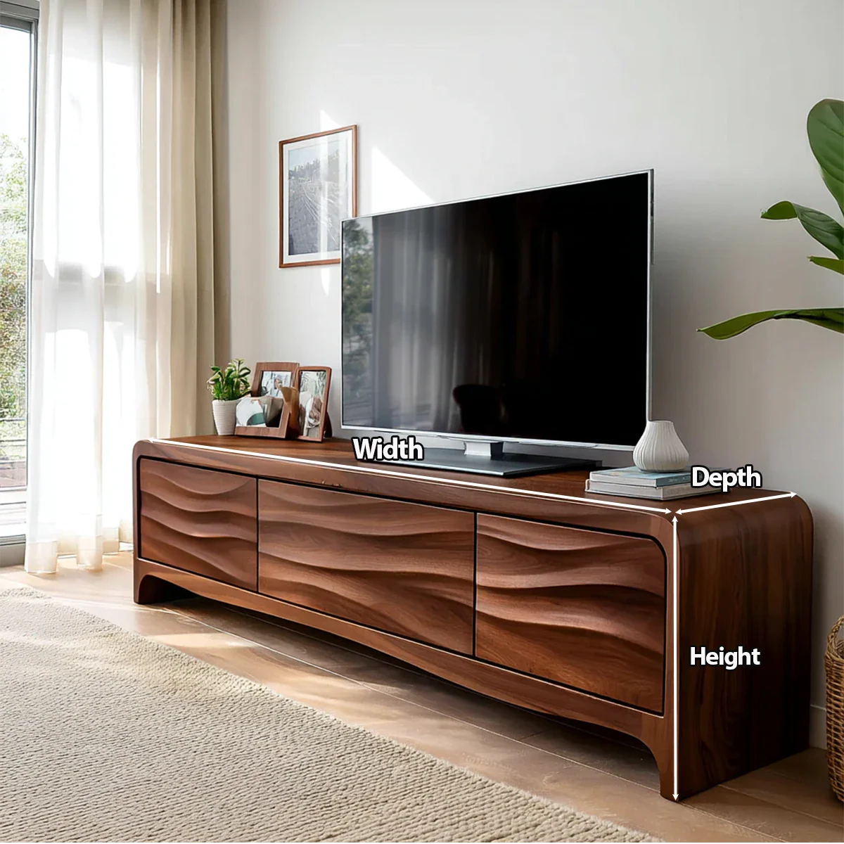 Handcrafted Solid Wood TV Stand with Sculpted Wave Panels and Rounded Frame Design - Rustirawood