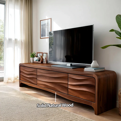 Handcrafted Solid Wood TV Stand with Sculpted Wave Panels and Rounded Frame Design - Rustirawood