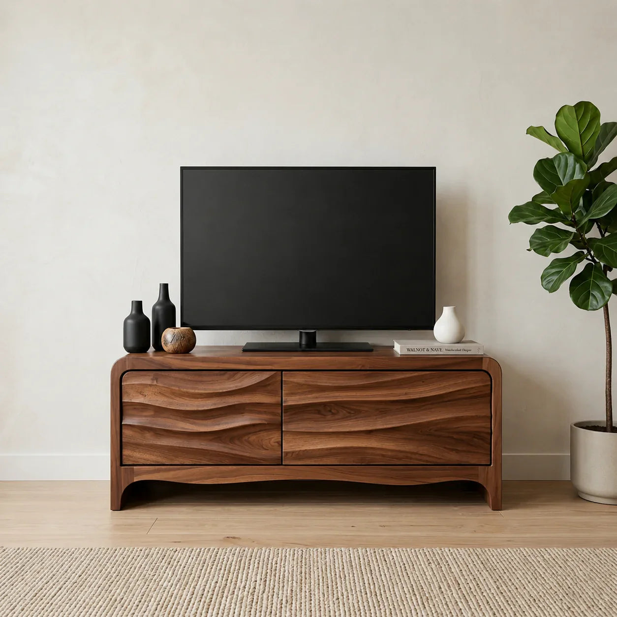 Handcrafted Solid Wood TV Stand with Sculpted Wave Panels and Rounded Frame Design - Woodenecho