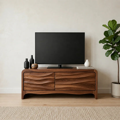 Handcrafted Solid Wood TV Stand with Sculpted Wave Panels and Rounded Frame Design - Woodenecho