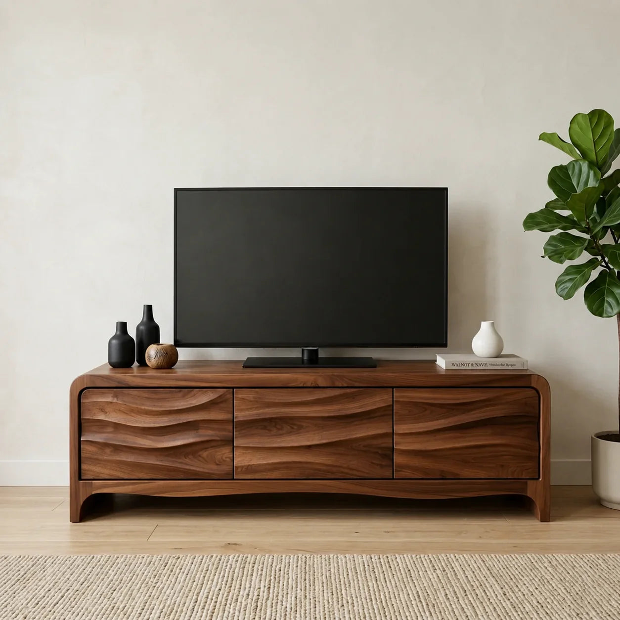 Handcrafted Solid Wood TV Stand with Sculpted Wave Panels and Rounded Frame Design - Woodenecho
