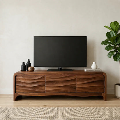 Handcrafted Solid Wood TV Stand with Sculpted Wave Panels and Rounded Frame Design - Woodenecho