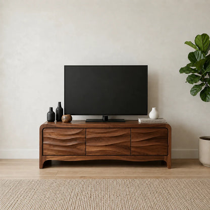 Handcrafted Solid Wood TV Stand with Sculpted Wave Panels and Rounded Frame Design - Woodenecho