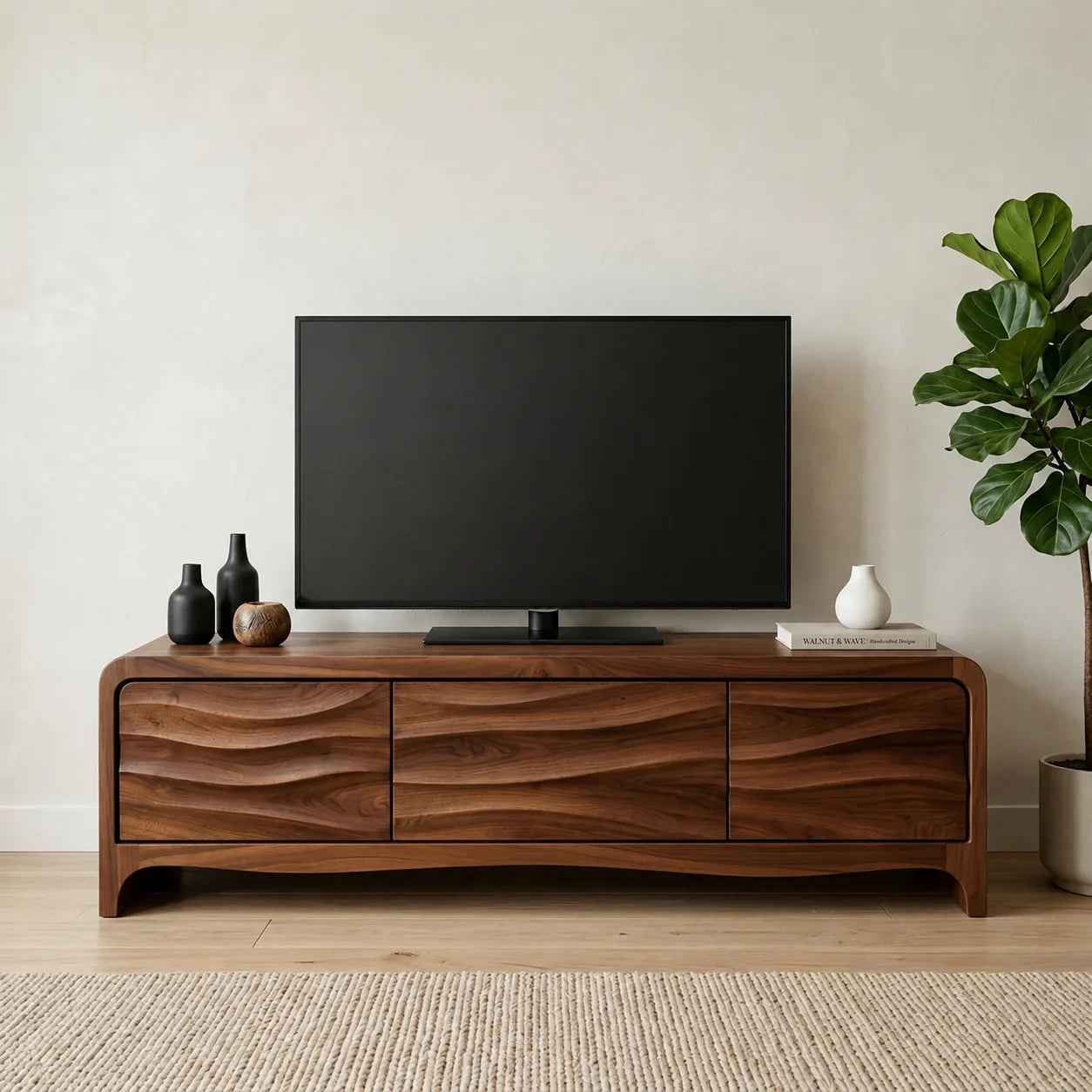 Handcrafted Solid Wood TV Stand with Sculpted Wave Panels and Rounded Frame Design - Woodenecho