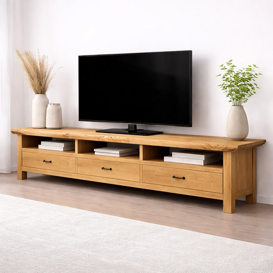 Handcrafted Solid Wood TV Stand with Spacious Drawers and Open Media Storage - Rustirawood