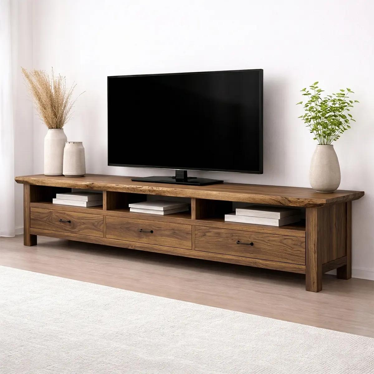 Handcrafted Solid Wood TV Stand with Spacious Drawers and Open Media Storage - Rustirawood
