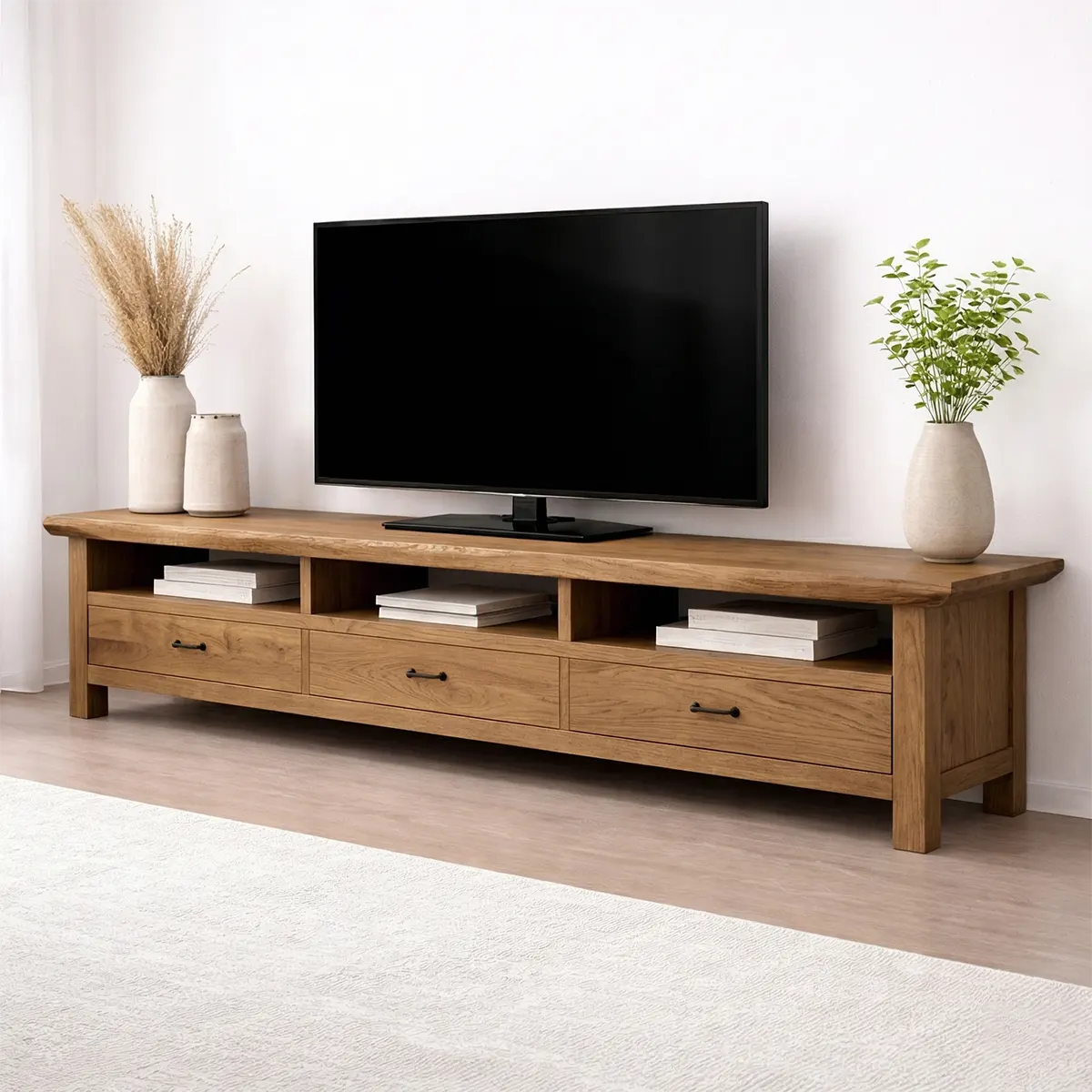 Handcrafted Solid Wood TV Stand with Spacious Drawers and Open Media Storage - Rustirawood