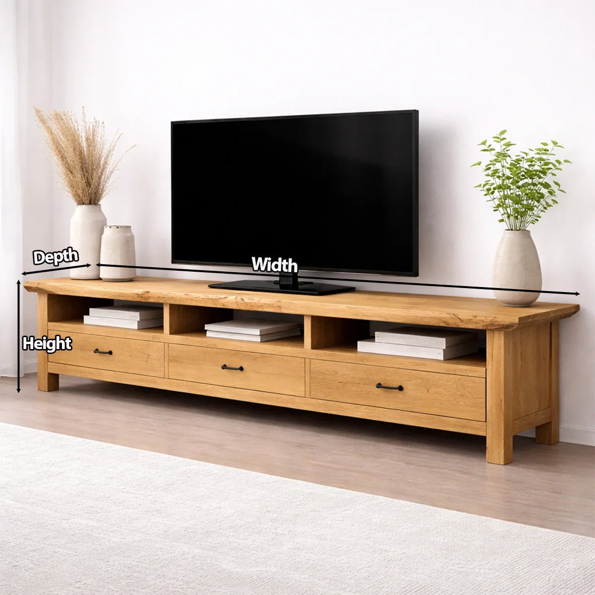 Handcrafted Solid Wood TV Stand with Spacious Drawers and Open Media Storage - Rustirawood