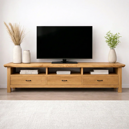 Handcrafted Solid Wood TV Stand with Spacious Drawers and Open Media Storage - Woodenecho
