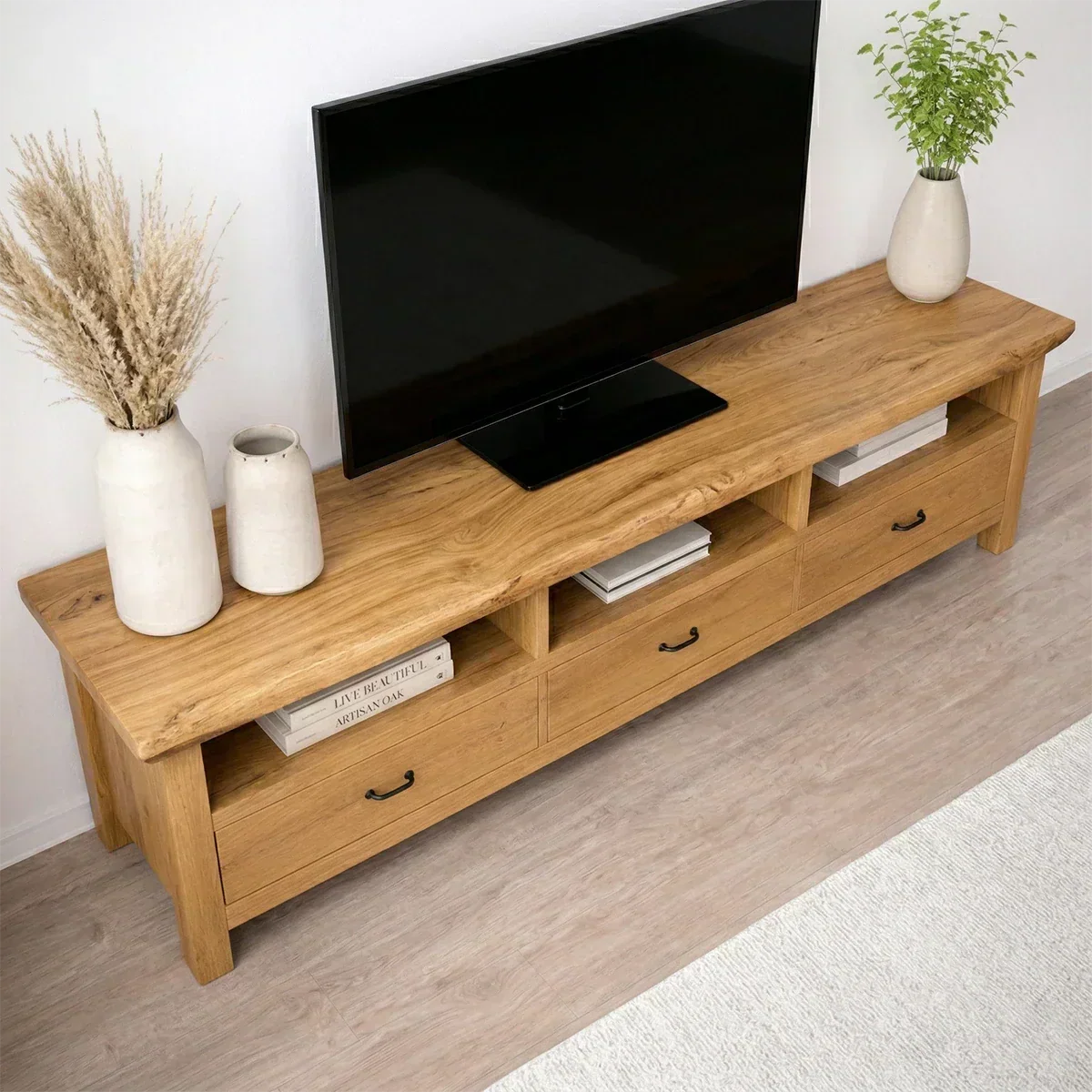 Handcrafted Solid Wood TV Stand with Spacious Drawers and Open Media Storage - Woodenecho