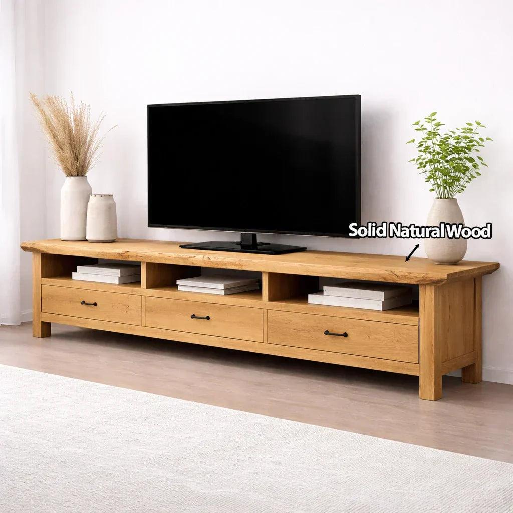 Handcrafted Solid Wood TV Stand with Spacious Drawers and Open Media Storage - Woodenecho