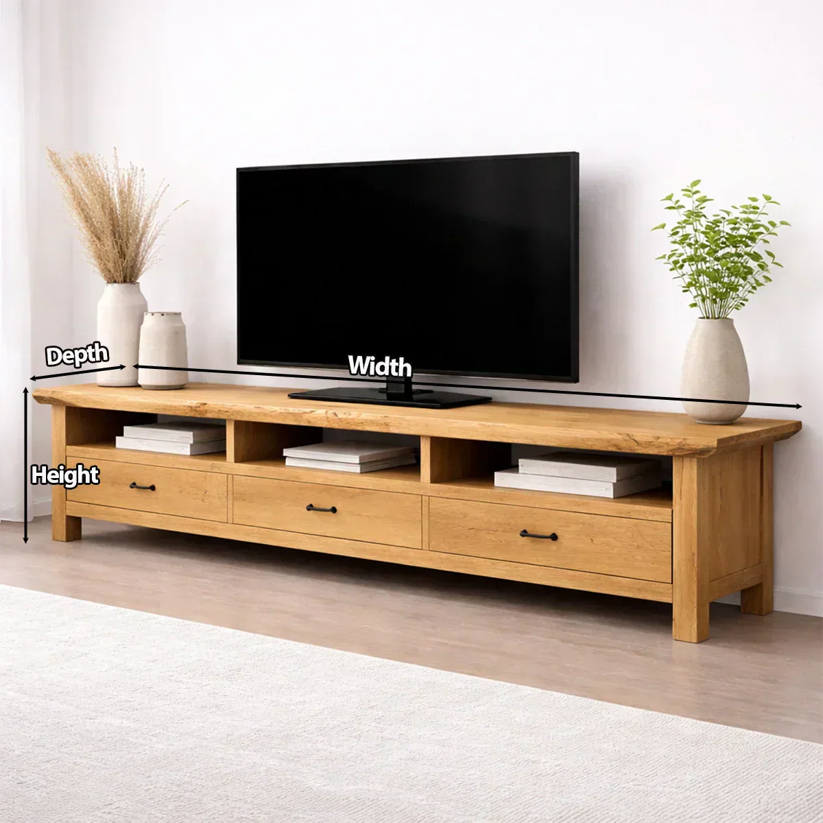 Handcrafted Solid Wood TV Stand with Spacious Drawers and Open Media Storage - Woodenecho
