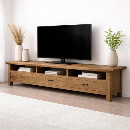 Handcrafted Solid Wood TV Stand with Spacious Drawers and Open Media Storage - Woodenecho