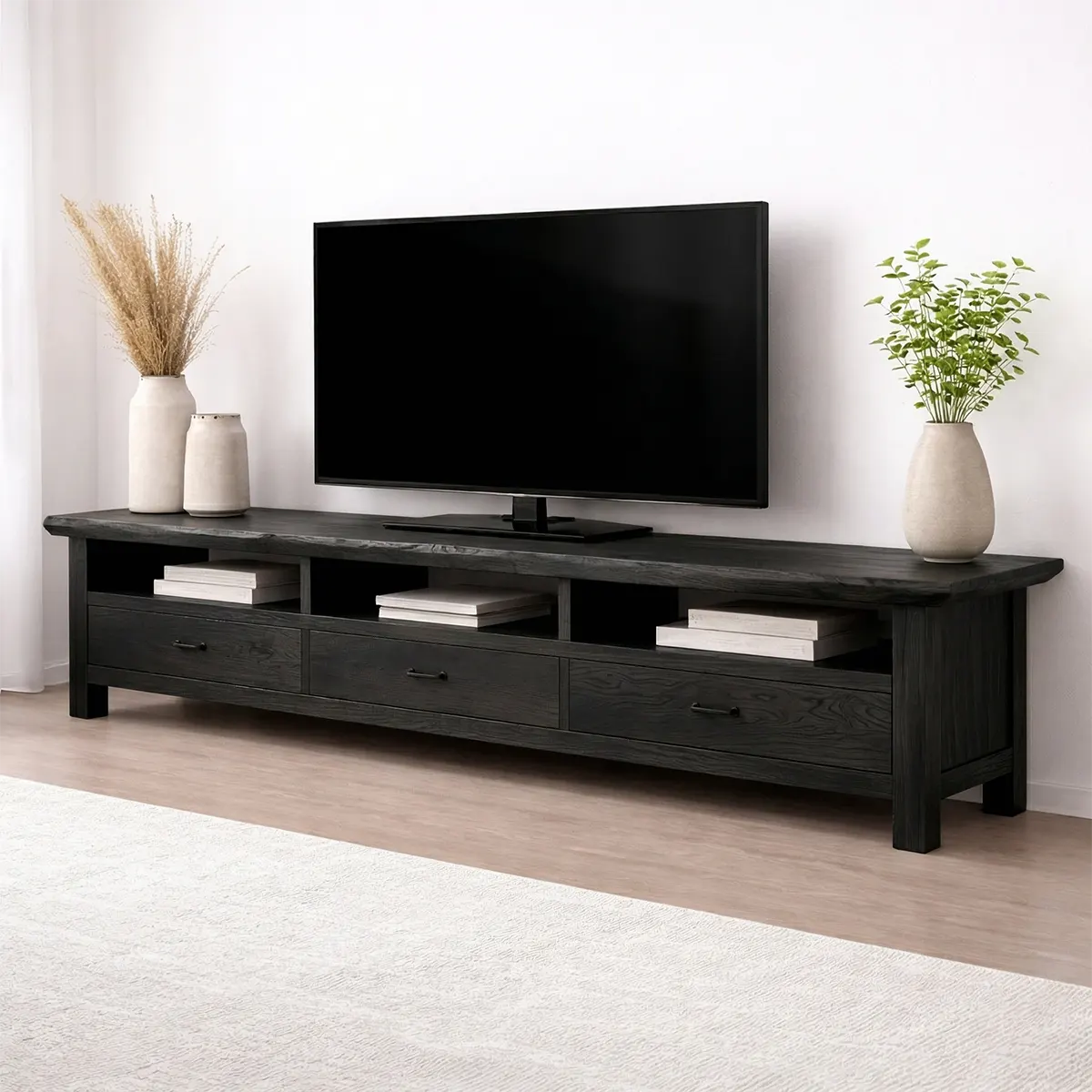 Handcrafted Solid Wood TV Stand with Spacious Drawers and Open Media Storage - Woodenecho