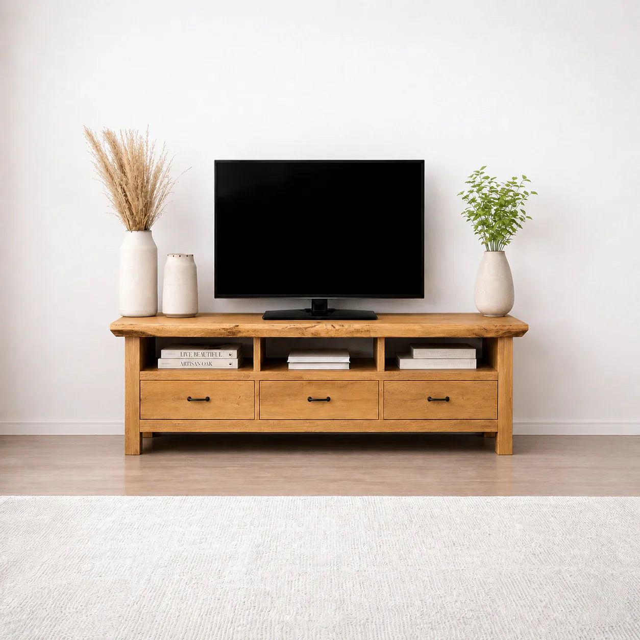 Handcrafted Solid Wood TV Stand with Spacious Drawers and Open Media Storage - Woodenecho