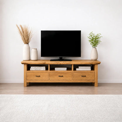 Handcrafted Solid Wood TV Stand with Spacious Drawers and Open Media Storage - Woodenecho