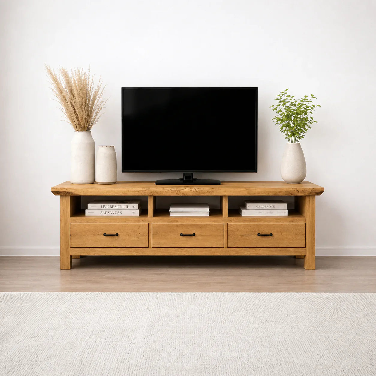 Handcrafted Solid Wood TV Stand with Spacious Drawers and Open Media Storage - Woodenecho