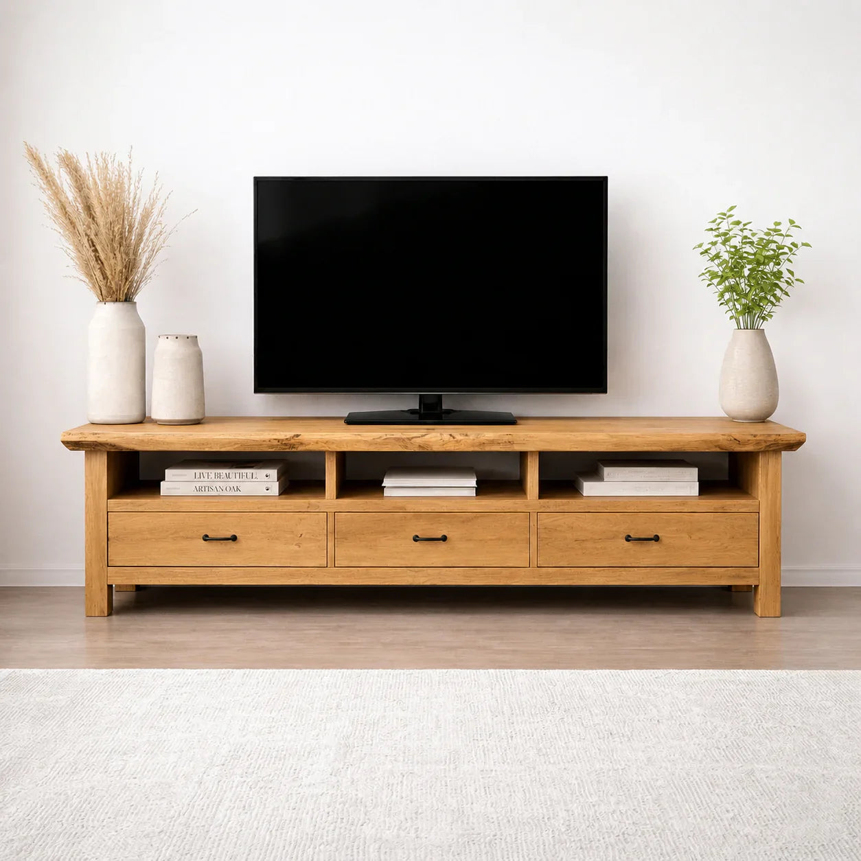 Handcrafted Solid Wood TV Stand with Spacious Drawers and Open Media Storage - Woodenecho