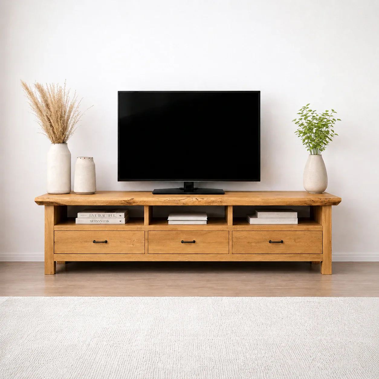 Handcrafted Solid Wood TV Stand with Spacious Drawers and Open Media Storage - Woodenecho