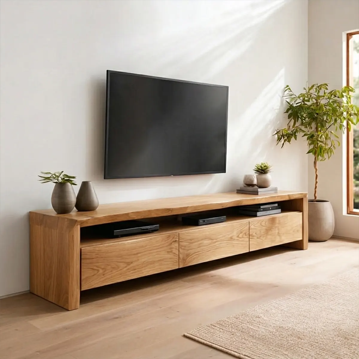 Handcrafted Solid Wood TV Stand with Thick Top and Curved Side Legs - Rustirawood