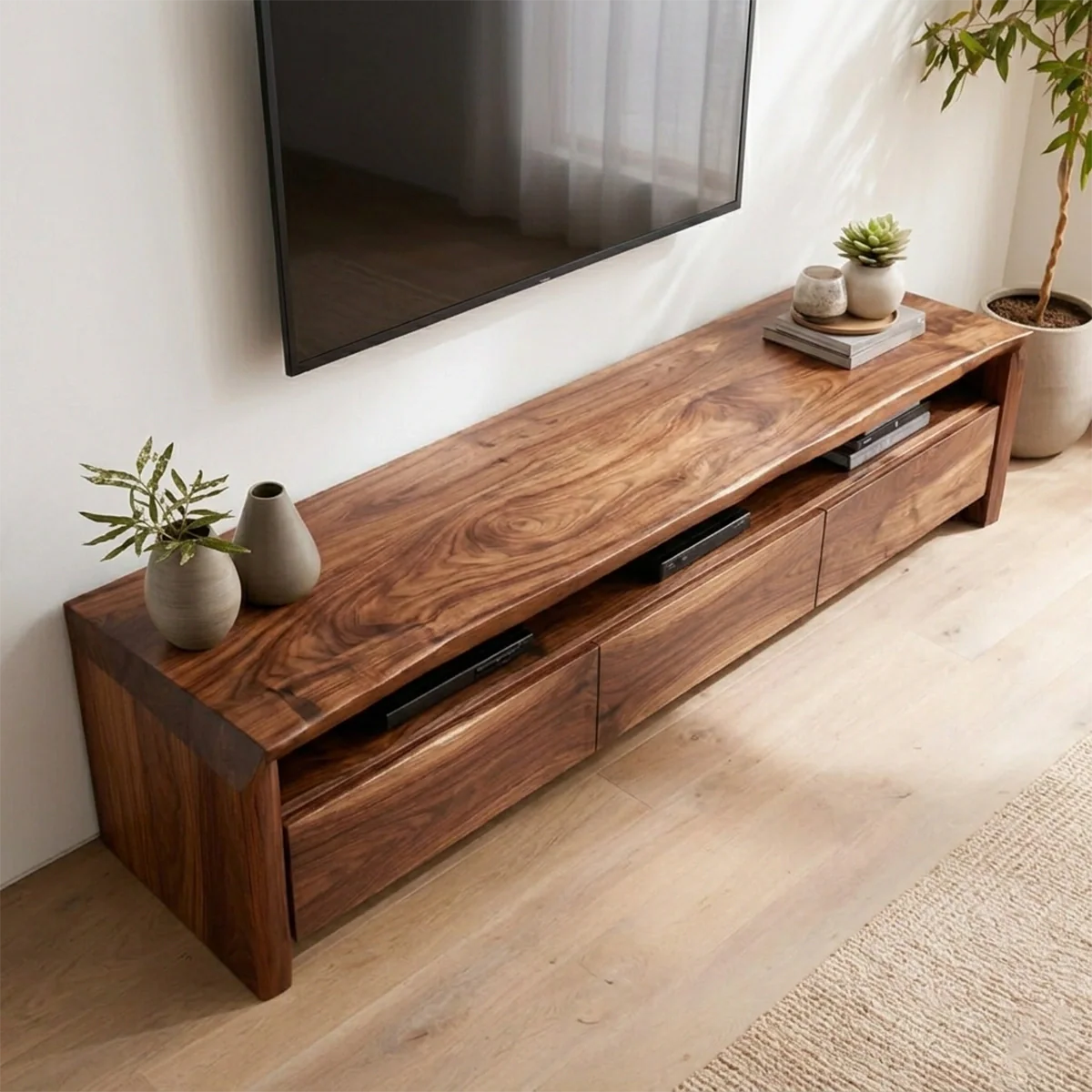Handcrafted Solid Wood TV Stand with Thick Top and Curved Side Legs - Rustirawood