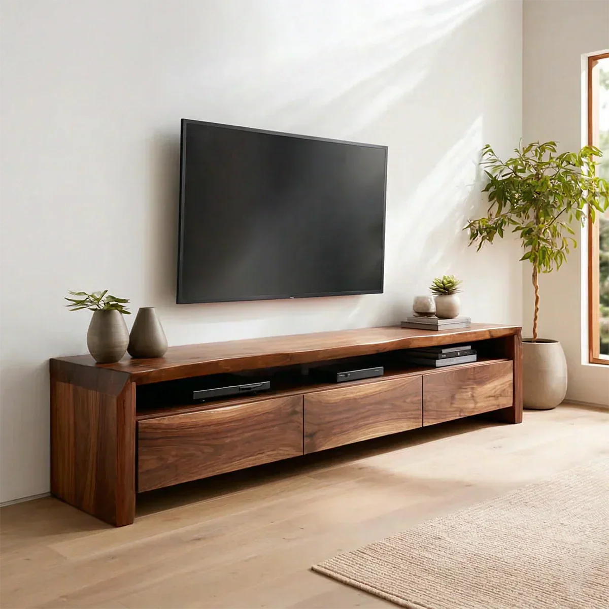 Handcrafted Solid Wood TV Stand with Thick Top and Curved Side Legs - Woodenecho