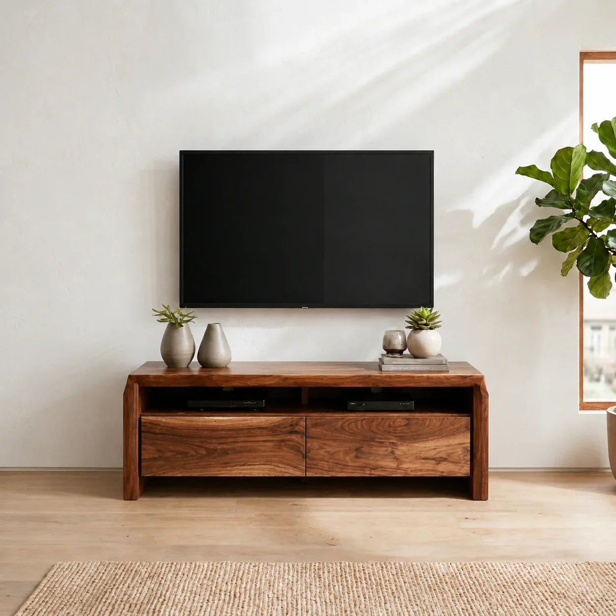 Handcrafted Solid Wood TV Stand with Thick Top and Curved Side Legs - Woodenecho
