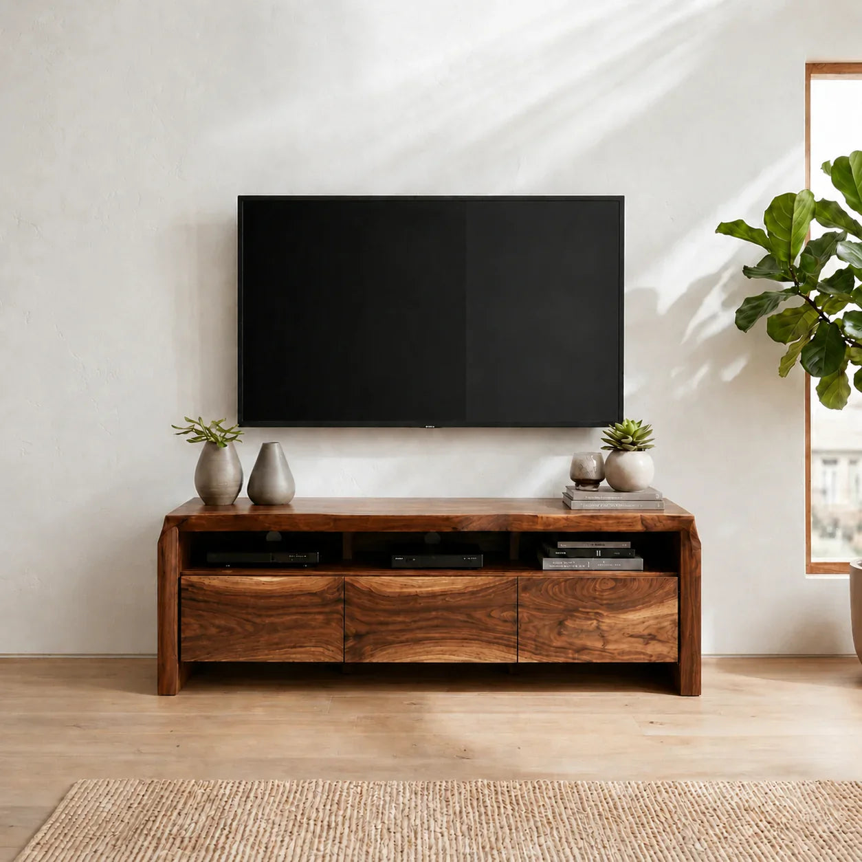 Handcrafted Solid Wood TV Stand with Thick Top and Curved Side Legs - Woodenecho