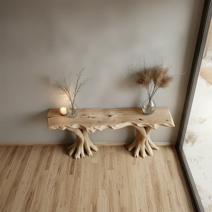 Handcrafted Solid Wood Triple-Root Sculptural Console Table - Rustirawood