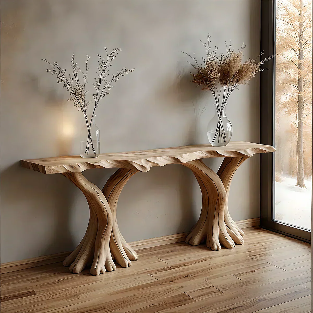 Handcrafted Solid Wood Triple-Root Sculptural Console Table - Woodenecho