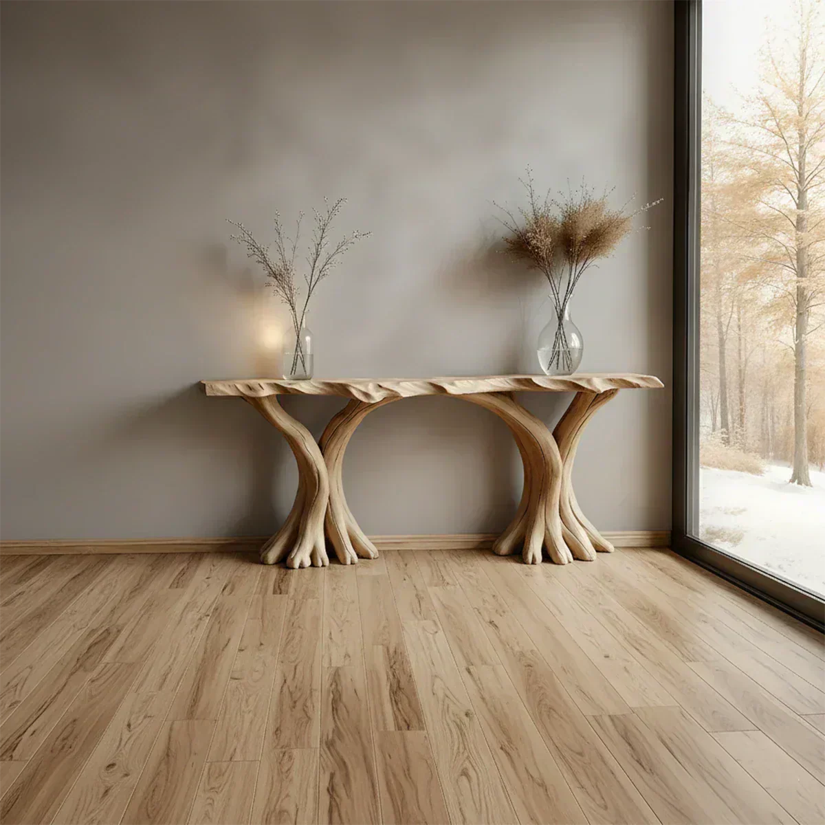 Handcrafted Solid Wood Triple-Root Sculptural Console Table - Woodenecho