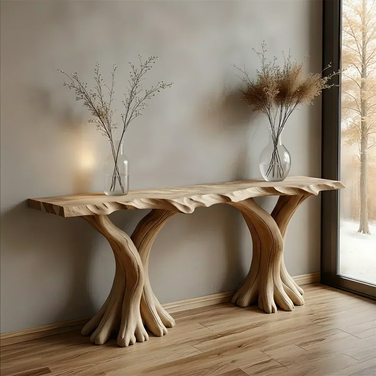 Handcrafted Solid Wood Triple-Root Sculptural Console Table - Woodenecho