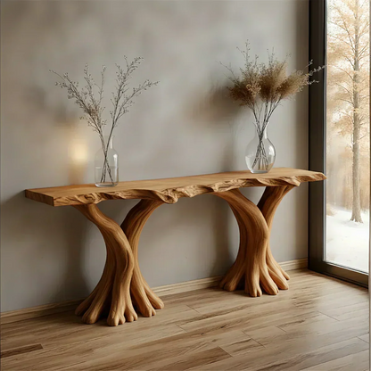 Handcrafted Solid Wood Triple-Root Sculptural Console Table - Woodenecho