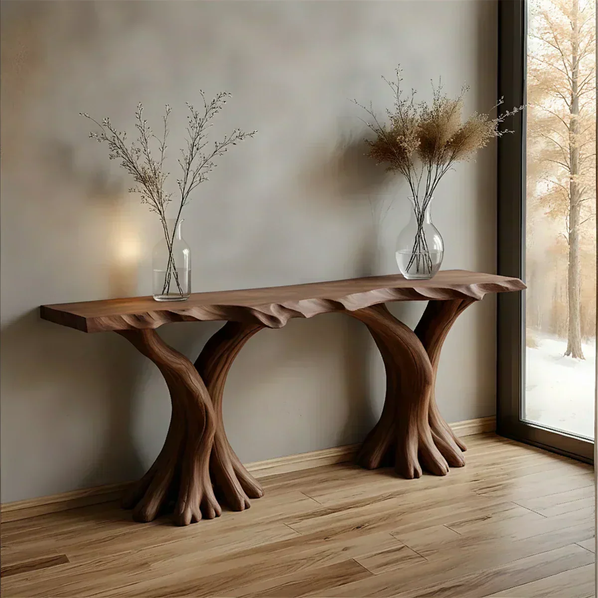 Handcrafted Solid Wood Triple-Root Sculptural Console Table - Woodenecho