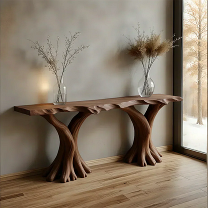 Handcrafted Solid Wood Triple-Root Sculptural Console Table - Woodenecho