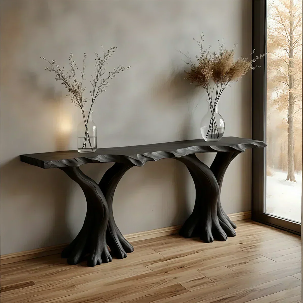 Handcrafted Solid Wood Triple-Root Sculptural Console Table - Woodenecho